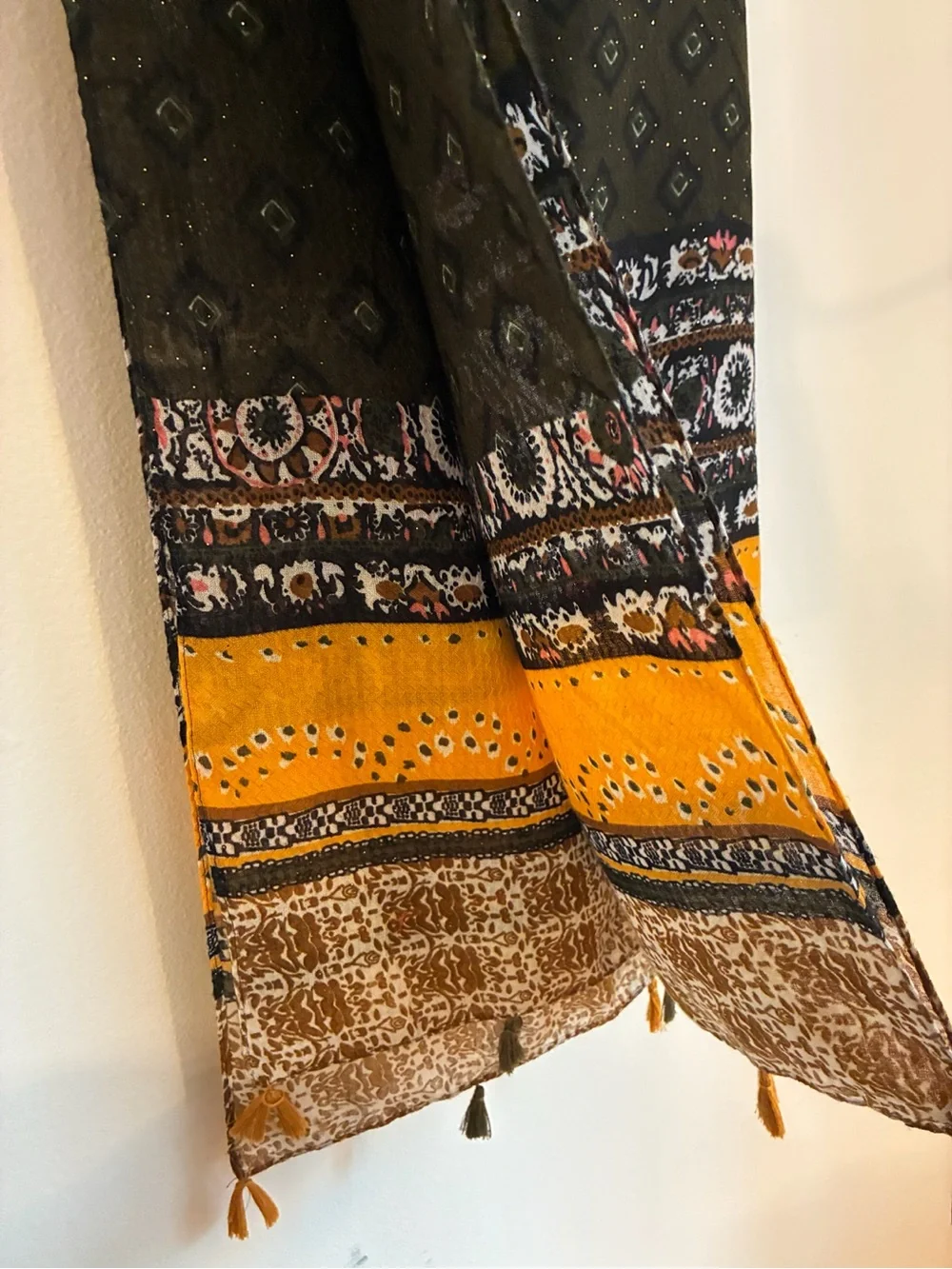 Olive Green & Mustard Printed Tassel Scarf Dupatta Shawl